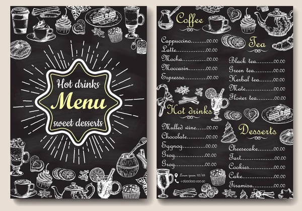 Ristorante bevande calde menu di design con sfondo lavagna. Modello di illustrazione vettoriale in stile vintage. Stile disegnato a mano. Tè caldo, caffè, cacao — Vettoriale Stock