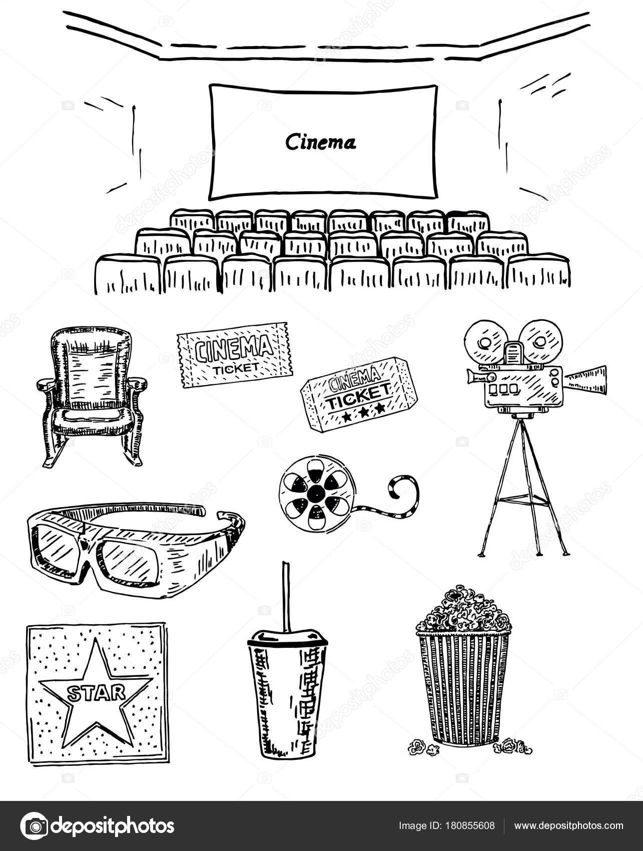Conjunto desenhado à mão de elementos de filme de doodle de filme de cinema  no estilo de desenho