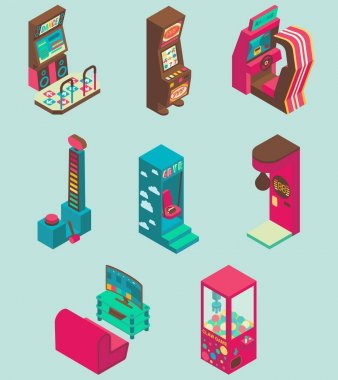 Arcade oyun makinesi Icon set vektör düz izometrik çizimde