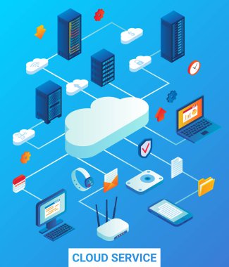 Bulut hizmet vektör düz izometrik çizimde