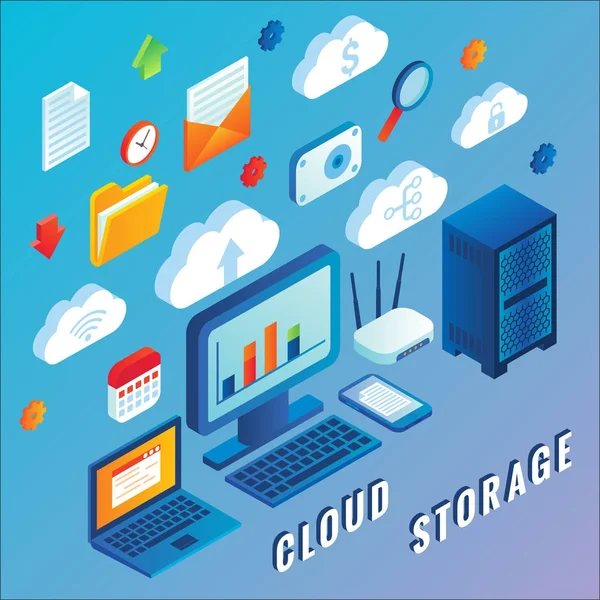 Illustrazione isometrica piatta del vettore cloud storage — Vettoriale Stock