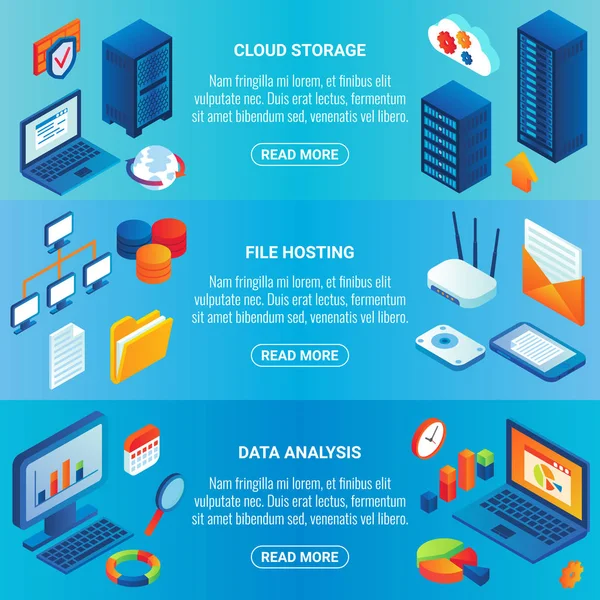 Conjunto de banner horizontal isométrico vector concepto de almacenamiento de datos — Archivo Imágenes Vectoriales