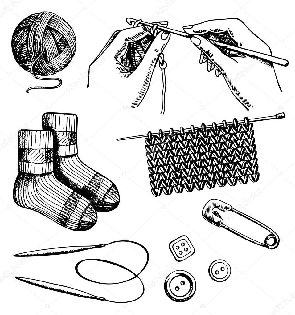 Knitting and crochet set vector ink hand drawn illustration