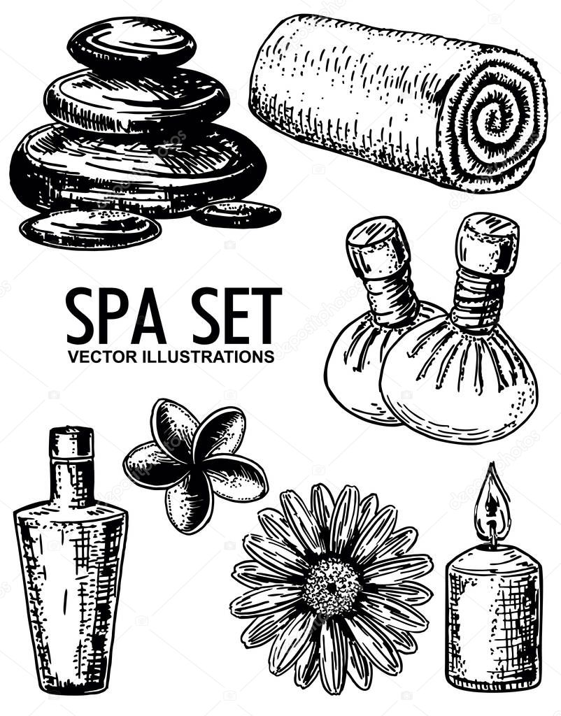 Spa salon set vector ink hand drawn illustration