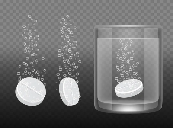 Vector realistic white soluble tablets set on transparent background — Stock Vector
