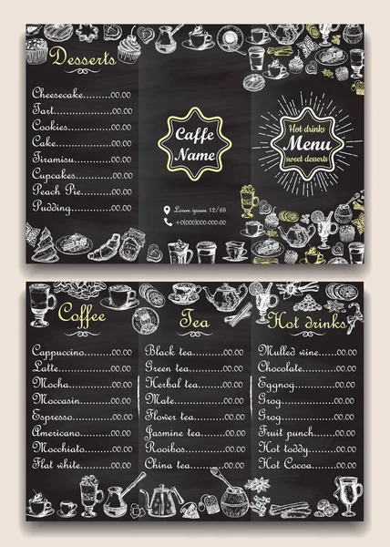 Restaurant hot drinks menu design with chalkboard background. Vector illustration template in vintage style. Hand drawn style. Hot tea, coffee, cacao — Stock Vector