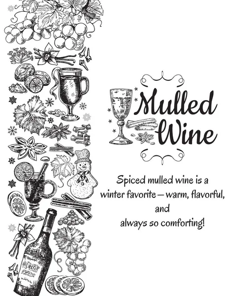 손으로 그린된 mulled 와인 벡터 포스터입니다. 와인 글라스와 흑인과 백인 밑그림입니다. 메뉴 카드 흰색 배경에 레트로 빈티지 스타일 서식 파일 디자인 — 스톡 벡터