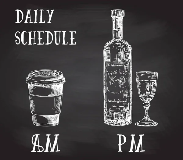 Vector concept poster with drinking habits. Coffee at the morning and alcohol in the evening. Hand drawn sketch on chalkboard. Cup of coffee to go and bottle of wine with glass — Stock Vector