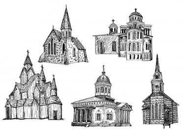 Vektör mürekkep elle çizilmiş kilise Icon set