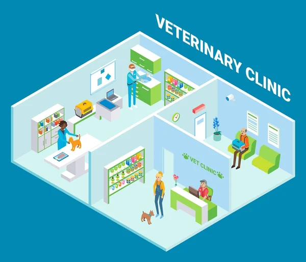 Clínica veterinária cutaway interior vetor plana ilustração isométrica —  Vetores de Stock