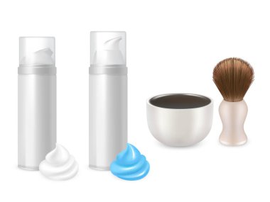 Vektör tıraş jeli köpük şişeleri, tıraş fırçası, kupa mockup set