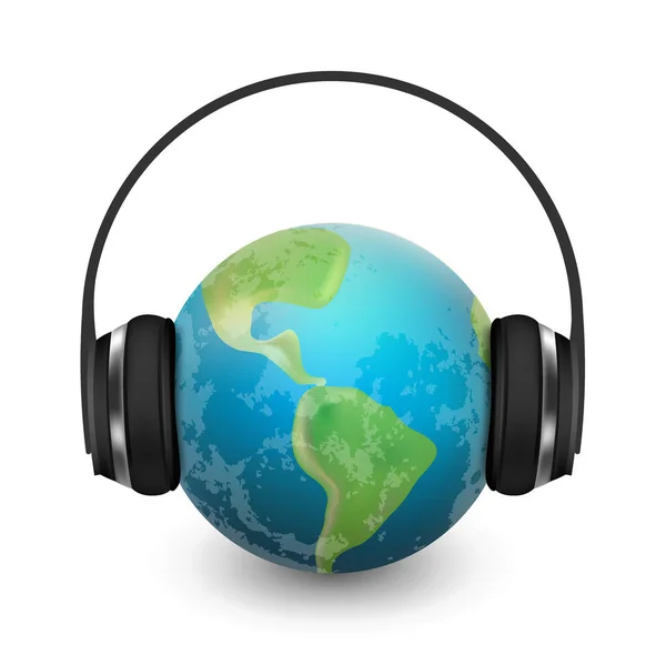 Planète musicale Terre avec écouteurs, illustration vectorielle réaliste — Image vectorielle