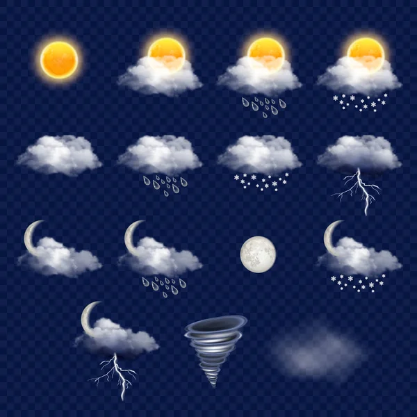 Set di icone di previsioni meteo trasparenti, illustrazione realistica vettoriale — Vettoriale Stock