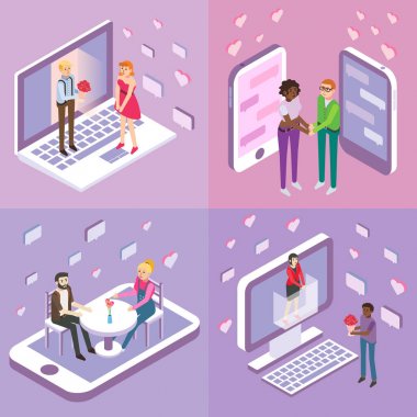 Online dating vektör düz izometrik poster, afiş kümesi