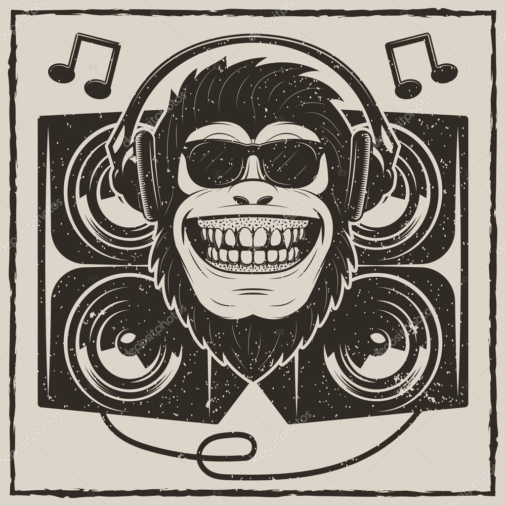 Funny monkey in sunglasses listening to music vector sketch grunge illustration. Cool music monkey with headphones vintage fashionable t-shirt printing design.