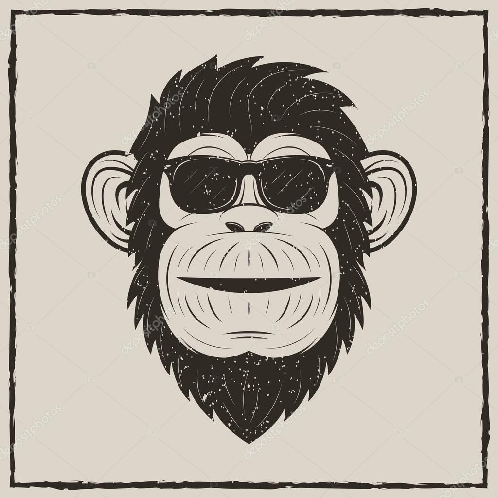 Monkey in sunglasses vector sketch grunge illustration. Vintage fashionable t-shirt printing design.