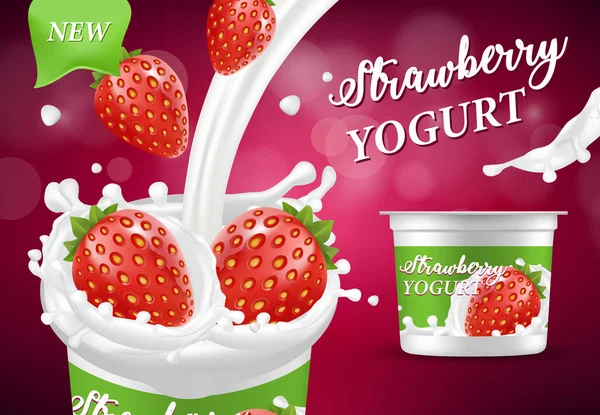 Annuncio di yogurt alla fragola naturale, illustrazione realistica vettoriale — Vettoriale Stock