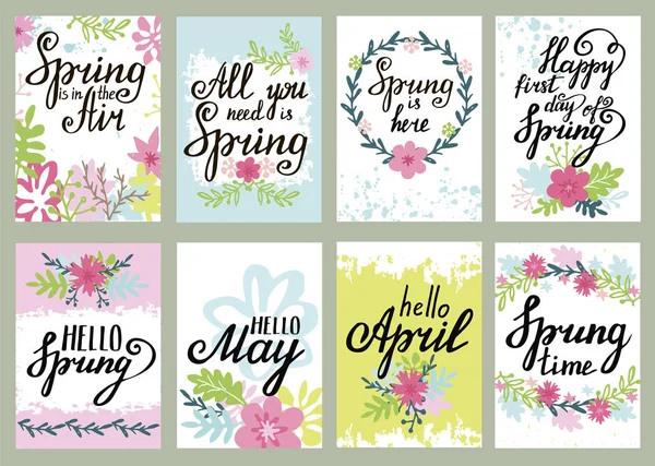 Springtime floral greeting card vector set with spring quotes — Stock Vector