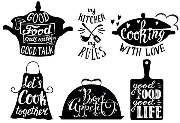 Cuisine short phrases and quotes, vector hand drawn illustration