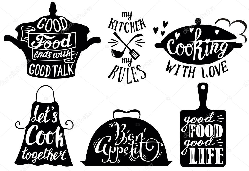 Cooking set with kitchen utensils and cuisine short phrases and quotes. Vector vintage hand drawn illustration.