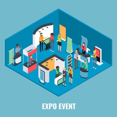 Expo olay kavramını vektör düz izometrik çizimde