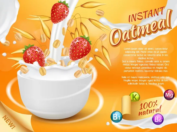 Farina d'avena istantanea con illustrazione realistica del vettore degli spruzzi di fragola e latte — Vettoriale Stock