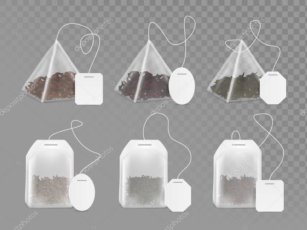 Pyramid and rectangle shaped tea bag mock up set. Vector realistic illustration of teabag with empty white label isolated on transparent background.