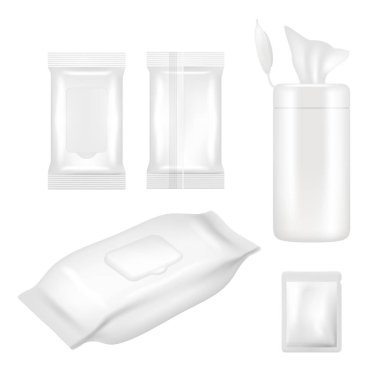 Vector realistic white blank wet wipes packaging mockup set