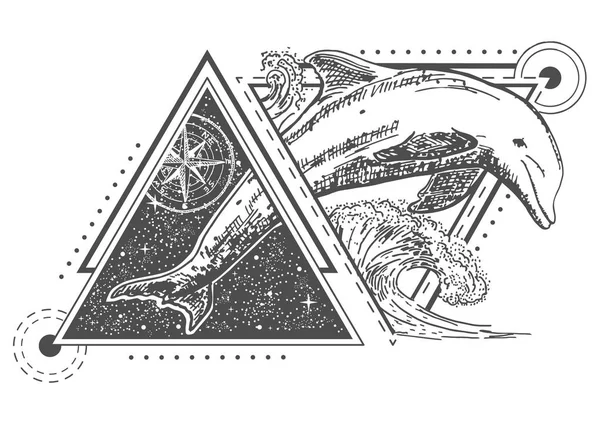 Vektor kreativ geometrisch Ozean Delphin Tattoo Art Design — Stockvektor