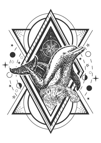 Design de estilo de arte de tatuagem de golfinho oceânico geométrico criativo vetorial — Vetor de Stock