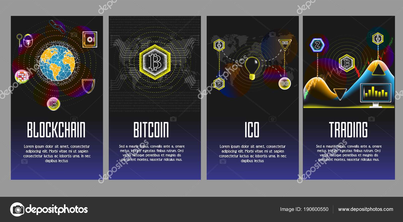 Blockchain, Bitcoin, Ico and Trading vector poster, banner set Stock Vector  by ©SiberianArt 190600550