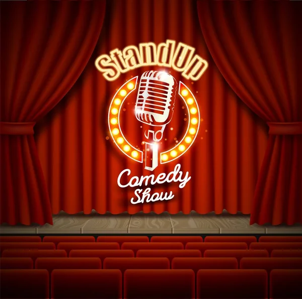 Comedy show theater scene with red curtains vector realistic illustration — Stock Vector