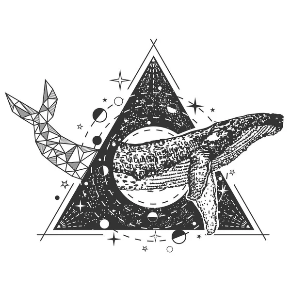 Vector creative geometric whale tattoo art style design — Stock Vector