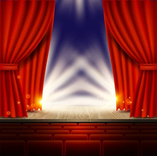Theater, opera, cinema scene with red curtains vector realistic illustration — Stock Vector