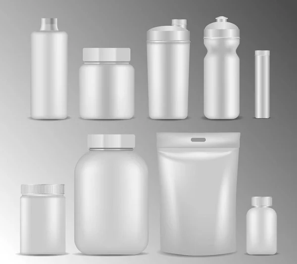 Vector sport nutrition blanc conteneur réaliste ensemble de maquettes — Image vectorielle