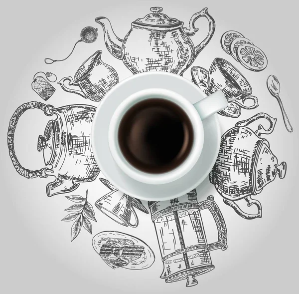Kopje zwarte thee met creatieve vectorillustratie thee items — Stockvector