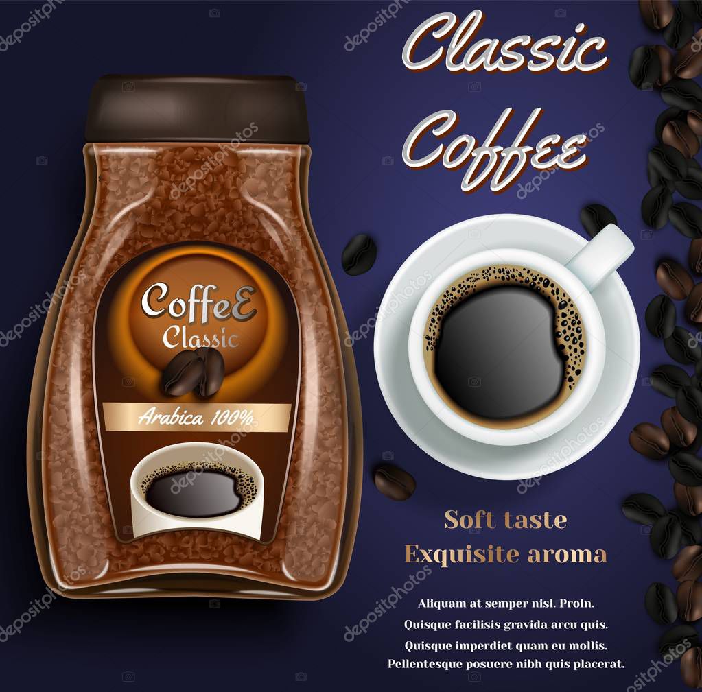 Instant coffee ad. Vector realistic background with instant coffee jar, cup of coffee and copy space. Coffee branding, poster, flyer design template.