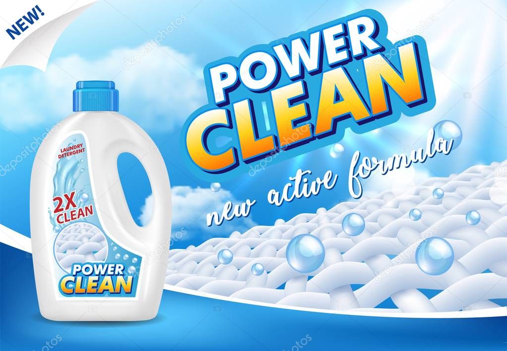 Gel or liquid laundry detergent advertising vector illustration