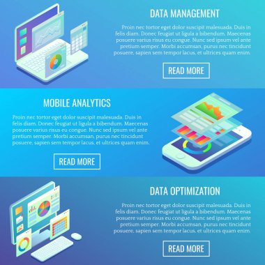 Düz izometrik yatay analytics afiş kümesi vektör