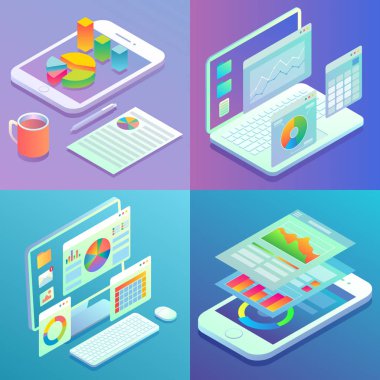 Mobil ve web analytics kavramı vektör düz izometrik poster seti