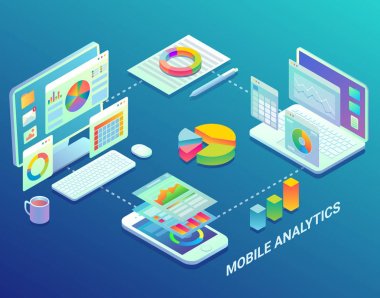 Mobil web analytics Infographic, vektör düz izometrik çizimde