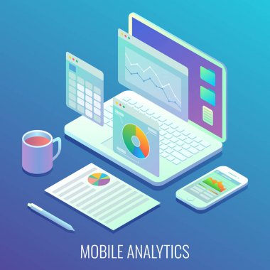 Mobil web analytics kavramı vektör düz izometrik çizimde