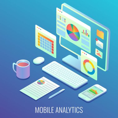 Mobil web analytics kavramı vektör düz izometrik çizimde