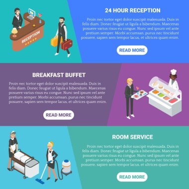Otel hizmet kavramı vektör düz izometrik yatay banner koymak
