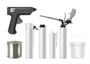 Gerçekçi mockup set vektör oluşturma araçları ve inşaat malzeme ambalaj