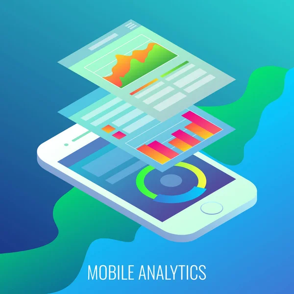 Mobil analytics koncepció lapos izometrikus illusztráció vektor — Stock Vector