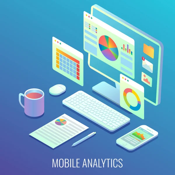 Mobil web analytics koncepció lapos izometrikus illusztráció vektor — Stock Vector