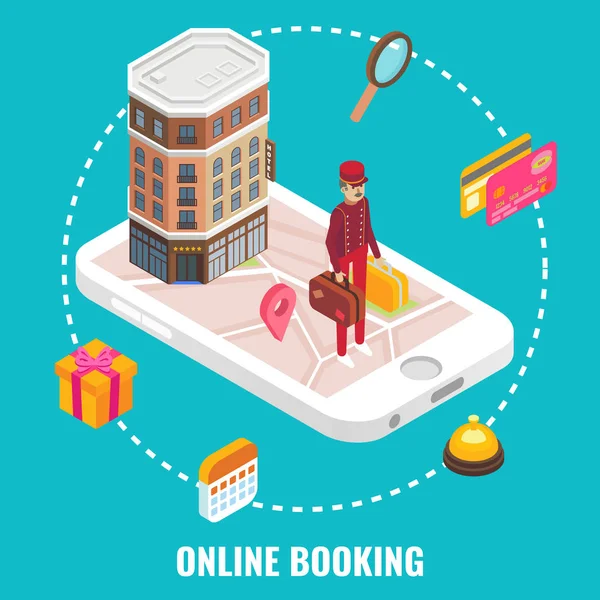 Concetto di prenotazione online hotel vettore piano isometrico. — Vettoriale Stock