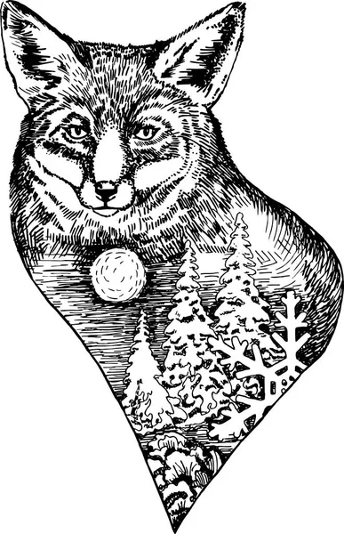 自然風景ベクトル インクで様式化されたフォックス ヘッド手描き下ろしイラスト — ストックベクタ
