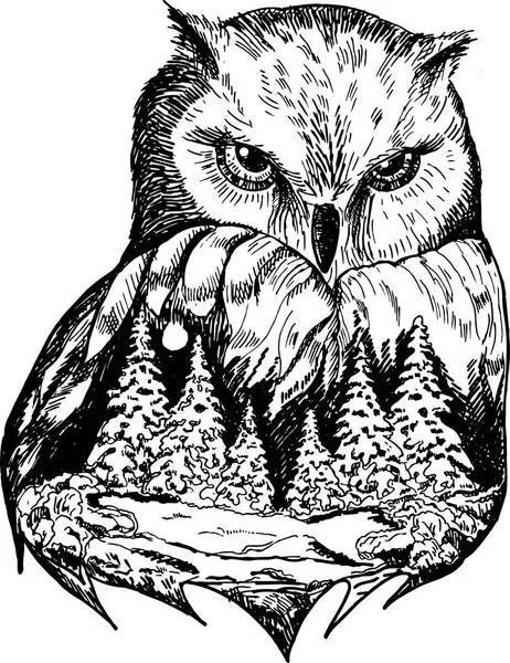 Stylized owl with nature landscape, vector ink hand drawn illustration — Stock Vector